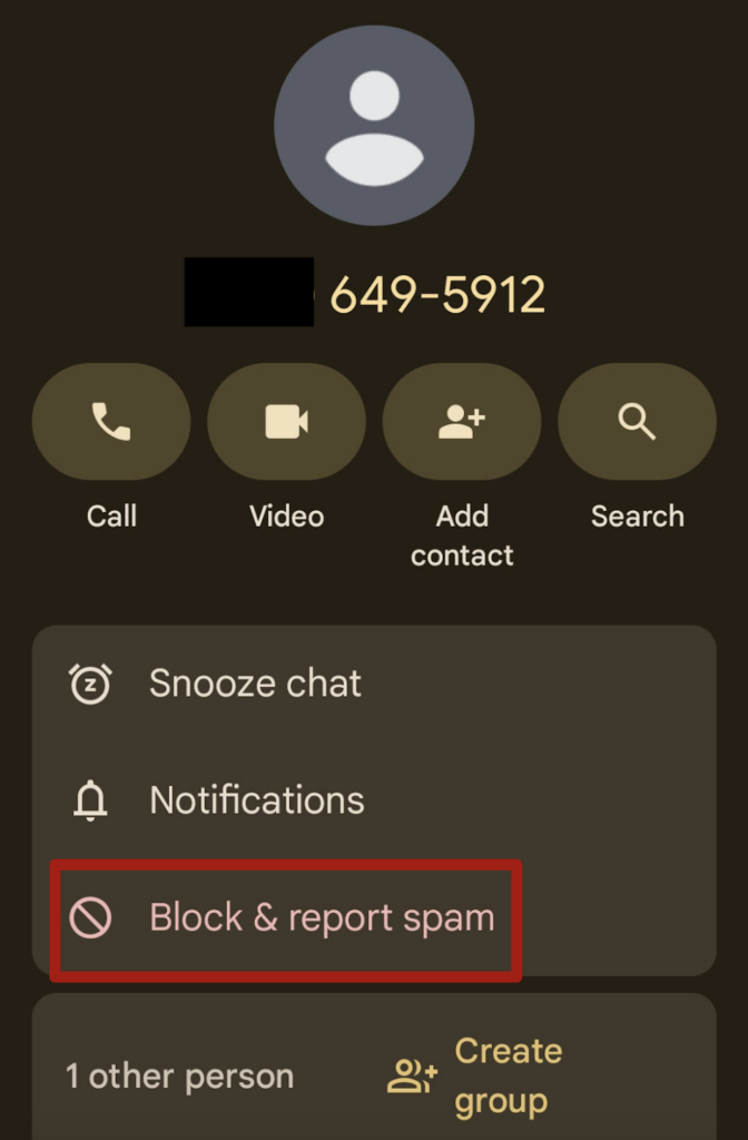 A screenshot of an individual contact's settings on Android Messages with the Block and report spam option highlighted