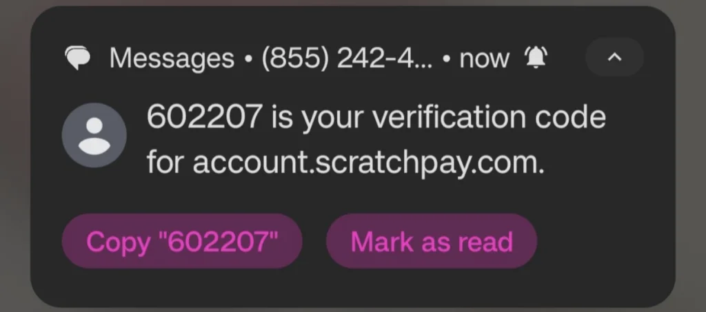 An SMS notification for a message including a two-factor authentication code from Scratchpay.