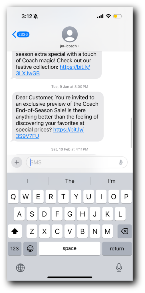 A text from Coach that highlights a text-exclusive deal