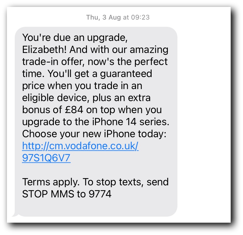 A text message targeted to a specific customer