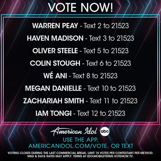 A list of numbers to text to American Idol to vote for contestants