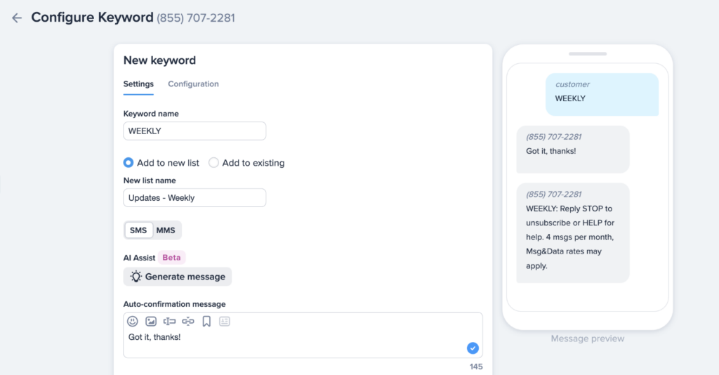 Screenshot of SMS keyword set up in SimpleTexting