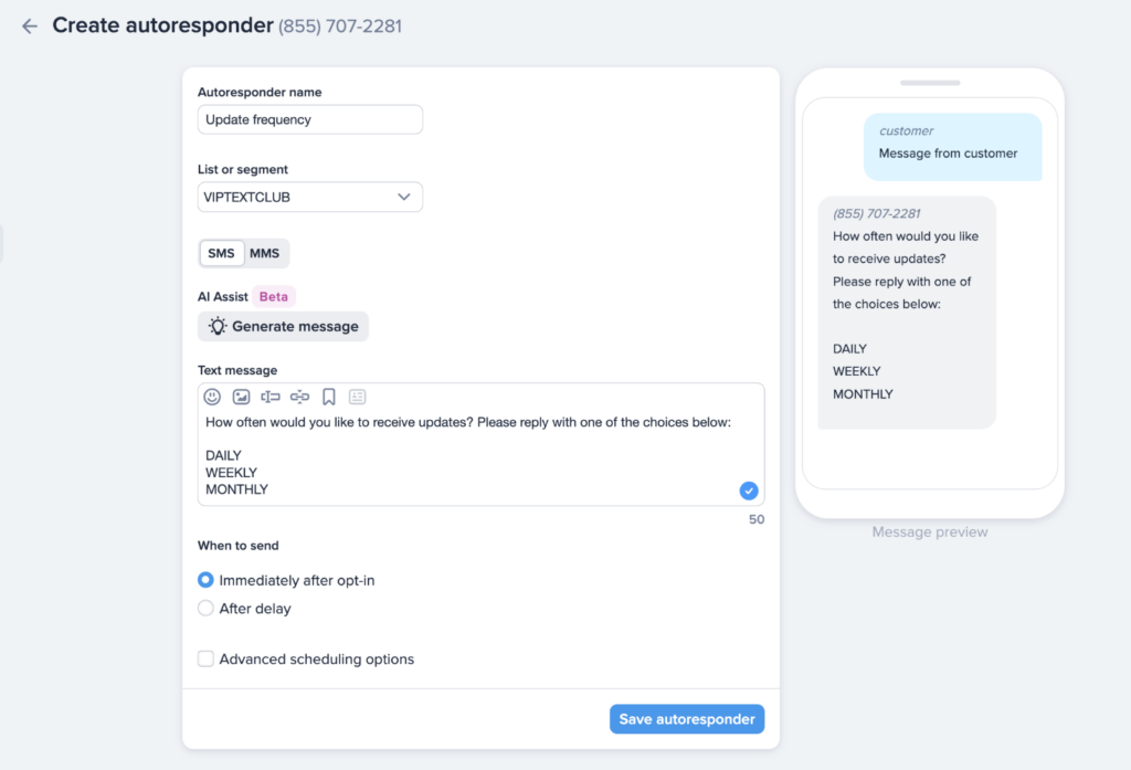 Screenshot of autoresponder set up in SimpleTexting