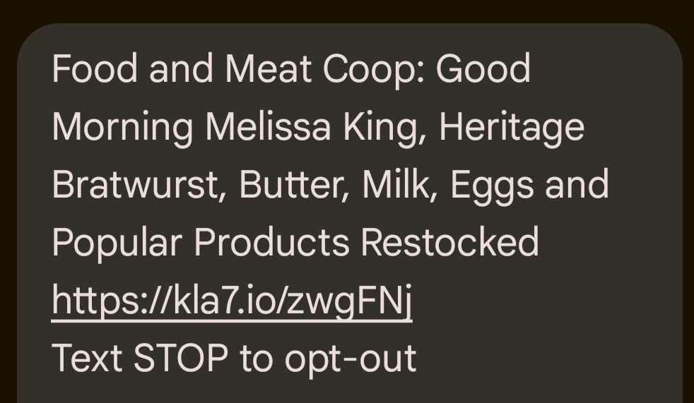 Text newsletter example from Food and Meat Coop.