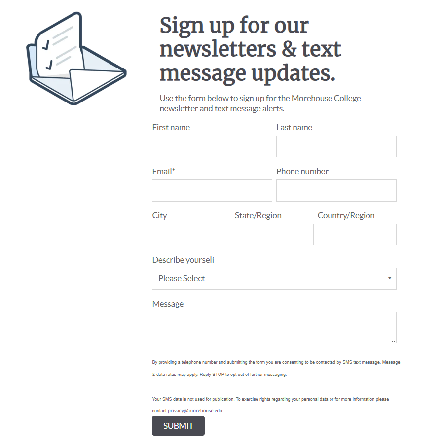 Morehouse College's newsletter sign up form, which features fields for both phone number and email