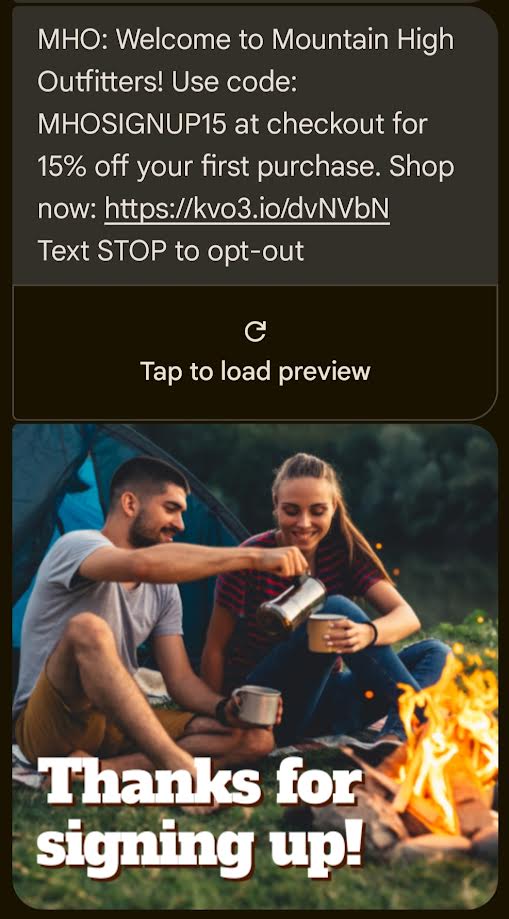 A text from Mountain High Outfitters welcoming the reader to its text message newsletter