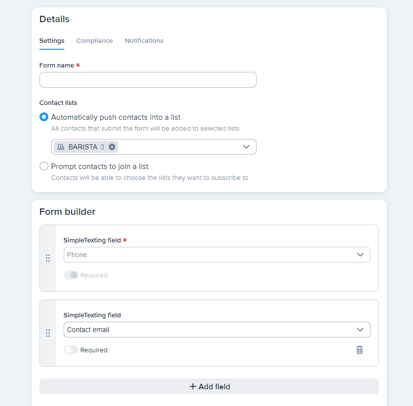 SimpleTexting's menu for creating a web form