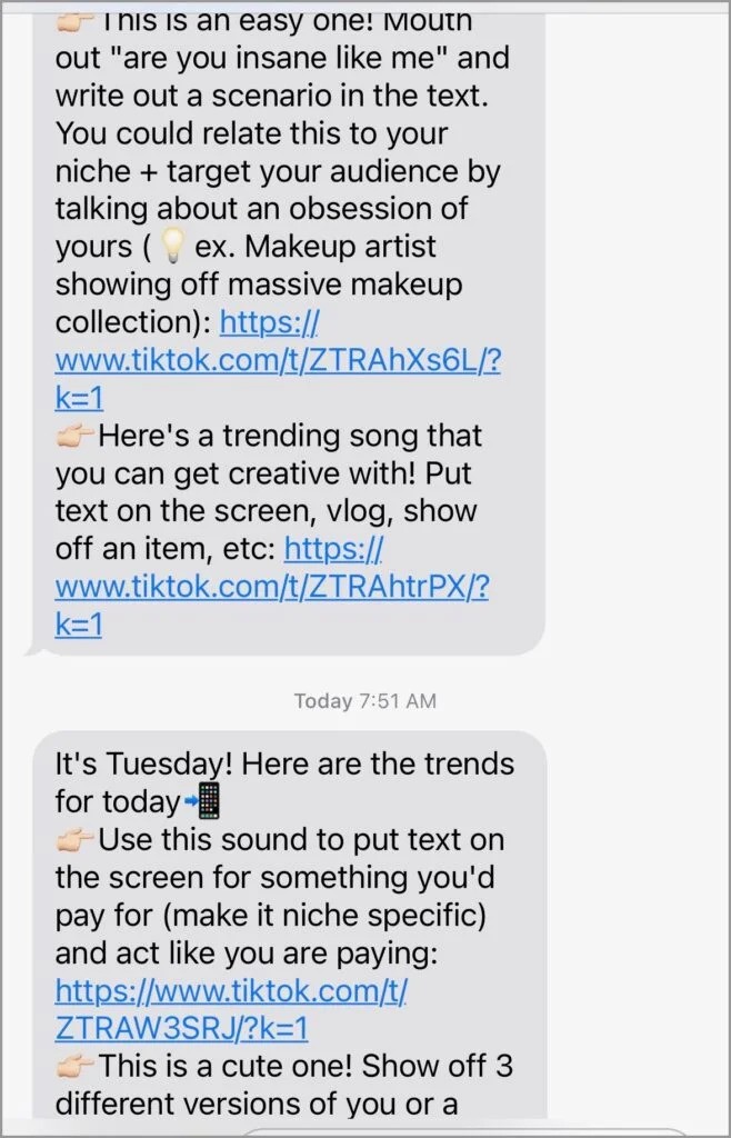 Two texts from Sydney McDonald sharing the latest TikTok trends