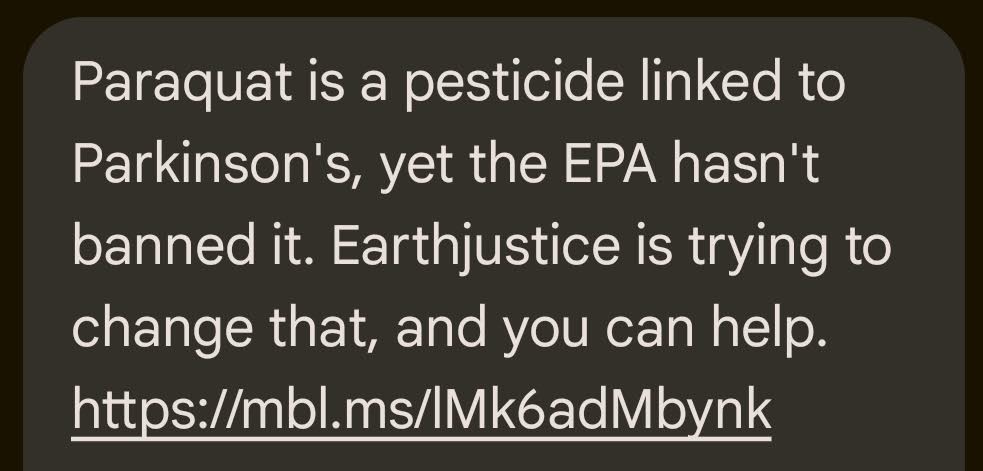 A text from WLRN and Earthjustice sharing an article about the pesticide paraquat.