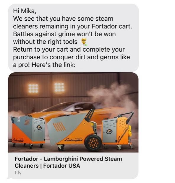 Fortador abandoned cart text with orange steam cleaners