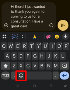 A screenshot of an Android message in progress with the emoji button on the keyboard highlighted