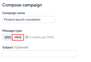 A screenshot of SimpleTexting's campaign composer with the MMS option higlighted