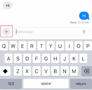 A screenshot of an iMessage text exchange with the plus sign button highlighted.