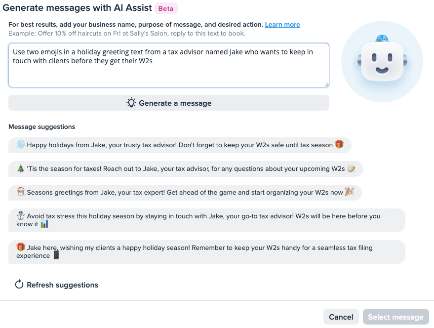 Example of AI text message generator output for a tax advisor's holiday SMS greeting