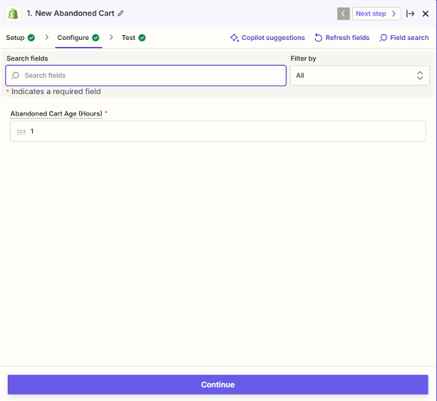 The configuration page for a Shopify abandoned cart trigger in a Zapier Zap.