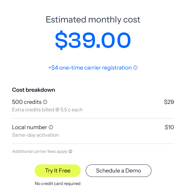 A breakdown of the monthly cost of SimpleTexting's least expensive plan, which includes $29 for 500 credits and $10 for local number maintenance.