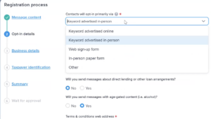 Step in the 10DLC registration process asking how subscribers will opt in to text messages.