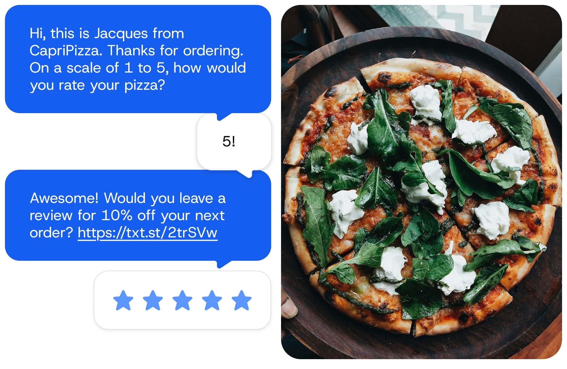 A customer reading a text message survey on her cell phone. The survey message, the customer’s response, and the automatic reply can all be seen