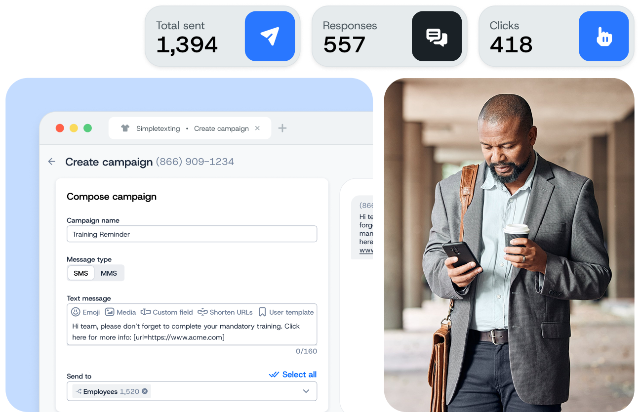 A screen grab from SimpleTexting's employee text system that shows the ability to send a mass text to a list of employees and track clicks and responses.