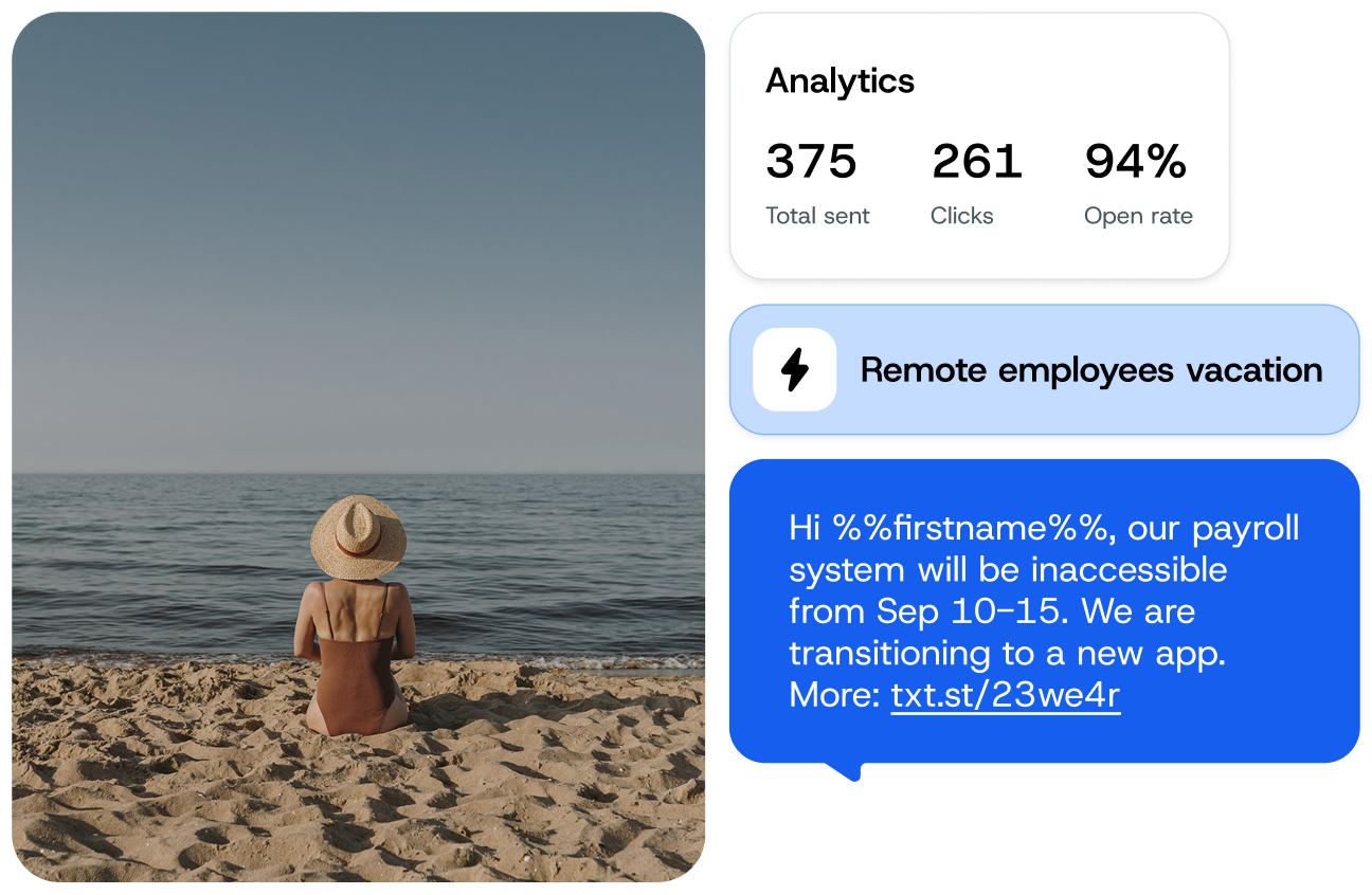 man looking at phone with text message bubble floating above his head that reads, "Hi [FIRSTNAME] Our PayRoll system will be inaccessible from Sep 10 - Sep 15. we are transitioning to a new app. More: [LINK]